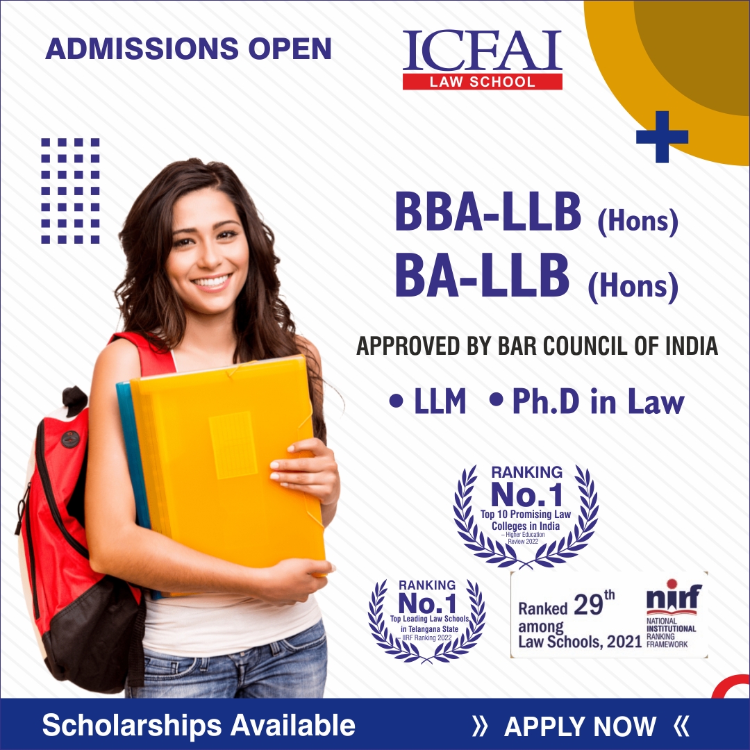 📚✨ ICFAI Law School, Hyderabad is now accepting applications for BA-LLB (Hons), BBA-LLB (Hons), LLM, and Ph.D. Programs 2023. 

Apply now at bit.ly/408TwkA

#Admissions2023 #ICFAILawSchoolHyderabad #TopLawSchools #LawPrograms #LegalEducation #Scholarships #ApplyNow