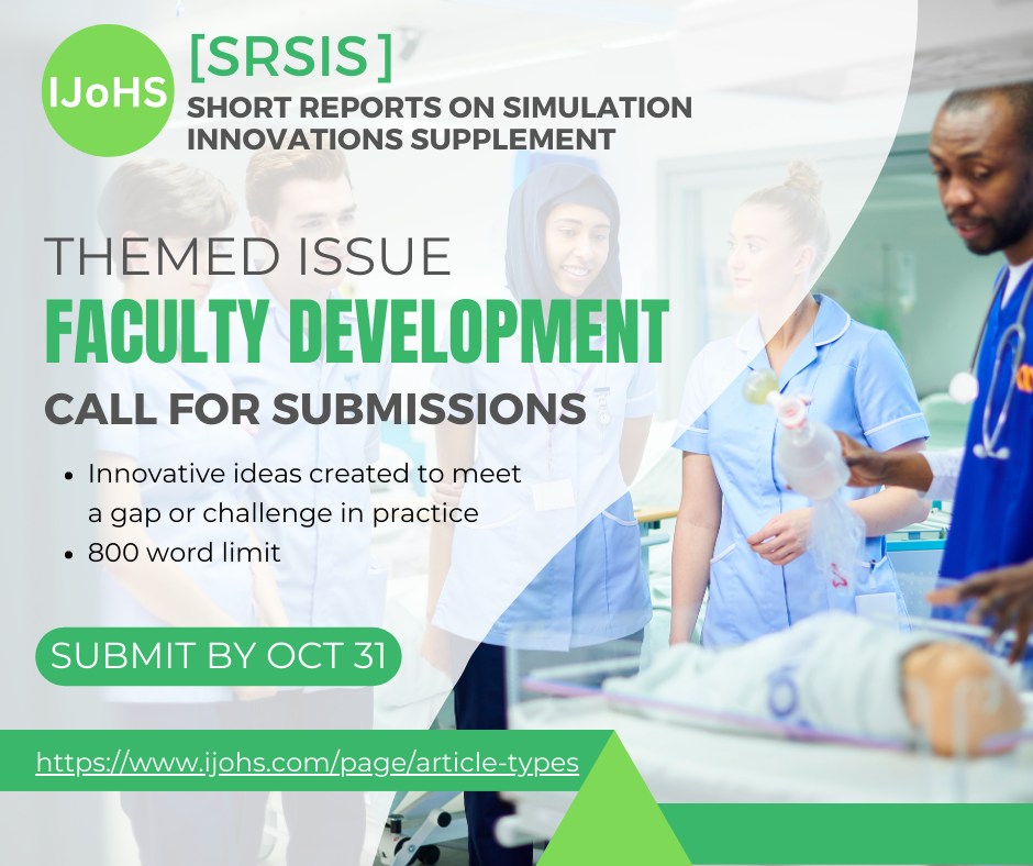 🗒️ Do you have a noteworthy #FacultyDevelopment initiative in #simulation? 📅 Submit to the @IJoHSim #OpenAccess Short Reports on Simulation Innovations Supplement (SRSIS) by October 31! 👩🏻‍💻 Catch up with @DebraNestel at #SESAM2023 to learn more. 🔗 ijohs.com/page/article-t…