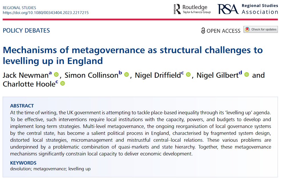 🚨We have a new paper online today🚨 🔓Open access in @RegionalStudies🔓 We analyse how England's dysfunctional governance system undermines attempts to tackle geographic inequalities. doi.org/10.1080/003434… @profsicollinson @nigel_driffield @micrology @CJHoole