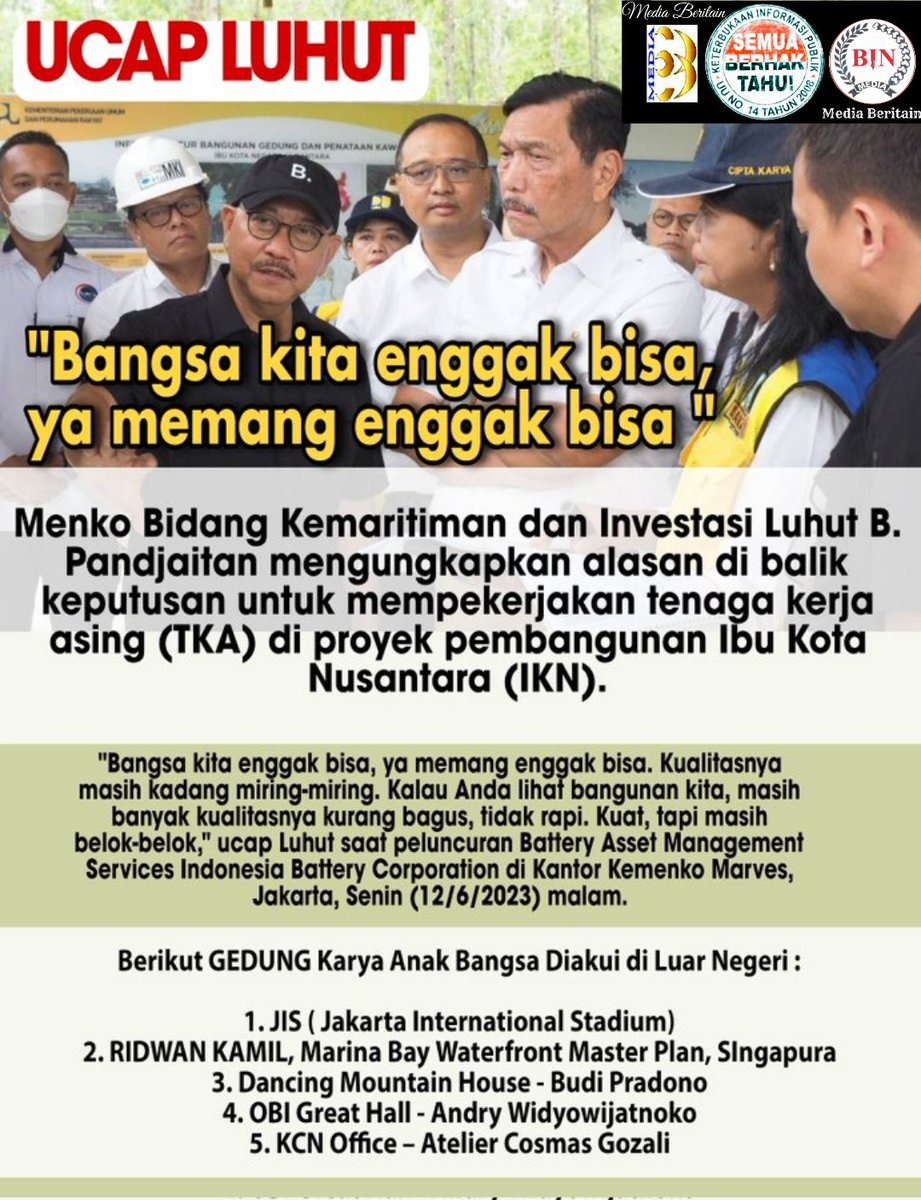 mediaberitain's tweet image. Pernyataan Luhut seolah mengecilkan kemampuan #AnakBangsa.

- 1974 membangun reaktor nuklir.
- 1975 bikin bendungan
- 1976 mengoperasikan satelit
- 1986 bikin pesawat fly by wire CN-235
- 1995 pesawat bikinan sendiri N-250 terbang.

- 2023 impor mandor bule untuk bangun kota.