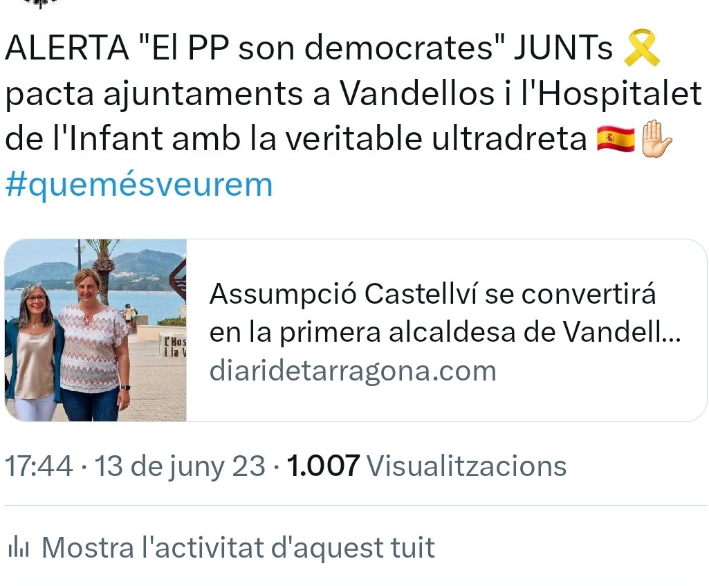 CADCI's tweet image. ESCANDOL &quot;Apostem pel PP🇪🇸✋🏻&quot; el Consell per la Republica (Waterloo🎗) ratifica com a representant Assumpció Castellvi que ha pactat amb l&apos;ultradreta per ser alcalde a Vandellos #NoSurrender #Embat #23JABSTENCIOMASSIVA #AbstencióMassiva23J