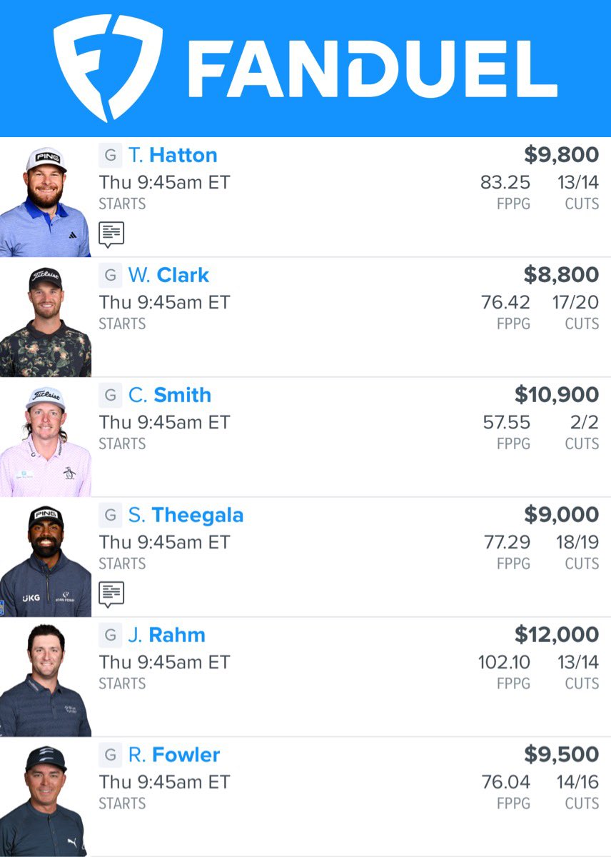 WetLineups's tweet image. US Open Betting Card ⛳️

Rahm + Cam Smith Top 40 (-120) 2u
Hatton Top 40 (-175) 2u
JT Top 40 (-155) 1u
Hideki + Homa + JT Top 40 (+297) 0.5u

#gamblingtwitter #PGA #Fanduel