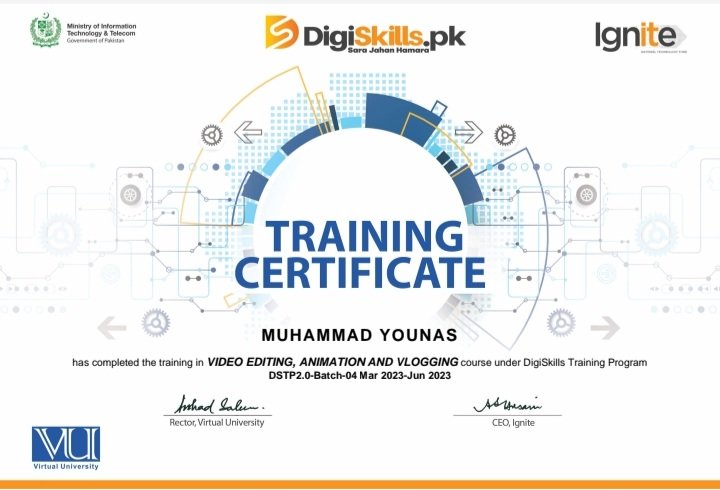 IMuhammadYounas's tweet photo. Successfully completed three month course of VIDEO EDITING, ANIMATION AND VLOGGING from @Digiskills This platform is very much helpful for the youth of pakistan and great initiative of the government.
Speciall Thanks to @MoitOfficial
#Digiskills #Pakistan 🇵🇰♥️ https://t.co/aJb8QgAKsr