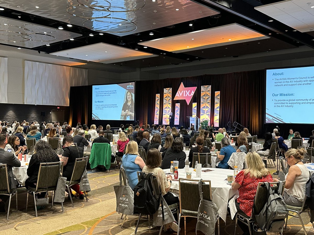 AVIXA's tweet photo. Women’s Breakfast Council is live! Packed house. #Infocomm23 #WomenInAV #AVIXAWomen https://t.co/hMKeffeVvq