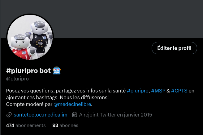 Un petit nouveau: 🤖<a href="/pluripro/">#pluripro bot 🤖</a> bot.

Pour poser des questions sur #MSP #CPTS #PLURIPRO mais aussi pour suivre l'actualité et les contributions intéressantes.
