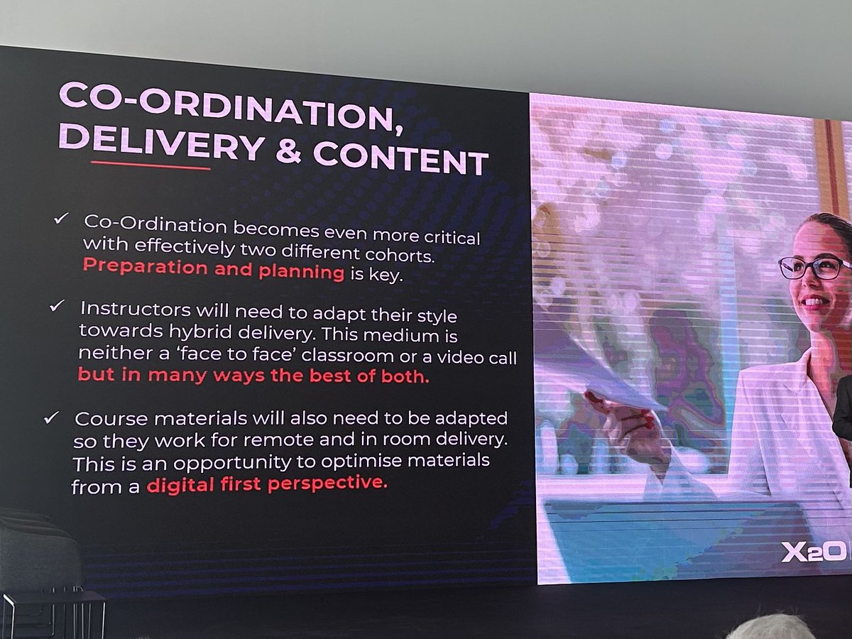 Dr Julie Voce (@julievoce) on Twitter photo Hybrid presents challenges of trying to join two groups of students together, especially in terms of access to content. Co-ordination is critical and adapting  style towards hybrid delivery. Classes need to be almost production quality. #EUNIS23 Hybrid presents challenges of trying to join two groups of students together, especially in terms of access to content. Co-ordination is critical and adapting  style towards hybrid delivery. Classes need to be almost production quality. #EUNIS23