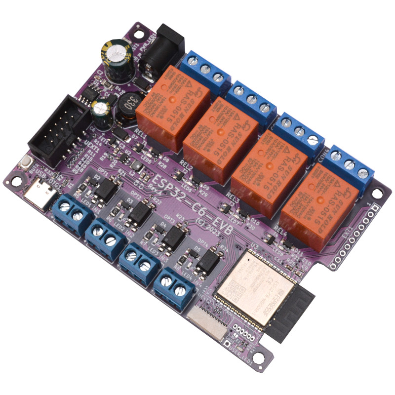 Olimex's tweet image. New Open Source Hardware board with ESP32-C6 offers WiFi6, Bluetooth5(LE) and Zigbee, with four relays 10A/240VAC and four optoisolated inputs, works from 6 to 50V power supply. #oshw #esp32c6 #wifi6 #bluetooth5 #zigbee #iot