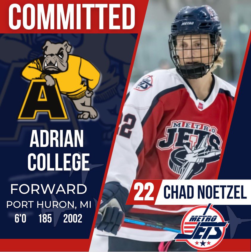 ‼️ COMMITMENT ALERT ‼️ 

After two seasons with #MetroJets, Chad Noetzel chooses Adrian as college hockey destination

MORE HERE: metrojetshockey.com/news_article/s…

#OnceAJetAlwaysAJet ✈️