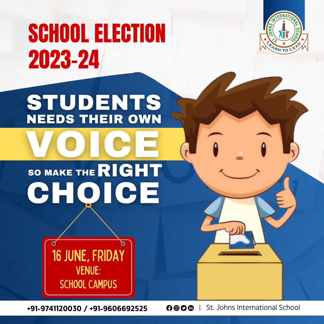 🗳️🎓 Students! Make your voice heard in the upcoming School Election 2023-24! Exercise your right to choose student leaders. Join us on campus this Friday, June 16th.

 Shape the future and make a positive impact! 

#SchoolElection2023 #StudentsVoice #MakeTheRightChoice