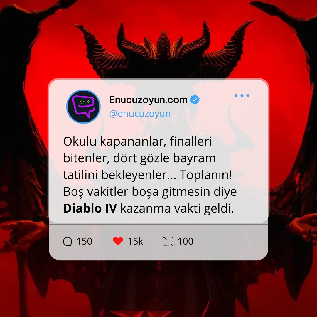 🚨DIABLO IV ÇEKİLİŞİ🚨

Çekilişe katılmak ve Diablo IV kazanma şansına sahip olmak için;
1. <a href="/enucuzoyun/">Enucuzoyun.com</a> hesabını takip et 
2. Bu tweeti beğen 
3. Repost ederek +1 katılım hakkı kazan

#DiablolV #Diablo4 #cekilis