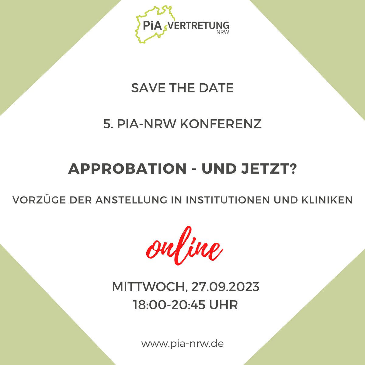Mittlerweile ist sie gute Tradition in NRW: die 5.PiA-NRW-Konferenz findet am 27.09. statt

online, kostenlos - für PiAs, PTWs, Studierende und alle Interessierten.

Diesmal zum Thema: Psychotherapie in Kliniken und Institutionen

Anmeldung unter pia-nrw.de