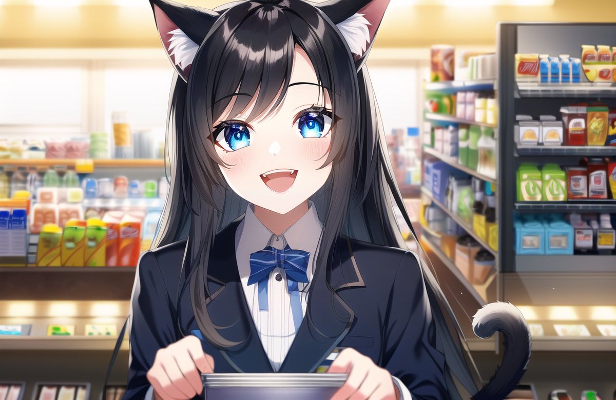 Heimi's part time job series 4! Retail-nya~! Service with a smile-nya~! Okakyu-sama, what would you like to buy-nya~? This cat is not for take out though and out of the menu-nya~!

#AIart #AIArtwork #catgirl #Retail #customerservice #parttimejobs