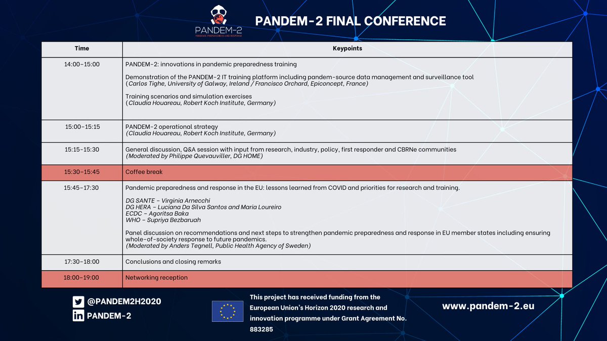 PANDEM2H2020's tweet image. Zoom in for the agenda for this afternoon's sessions at our Joint Final Conference with @H2020_eNOTICE and @PROACTIVE_EU ⬇️