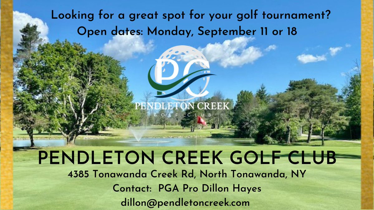 Tee 2 Green (@t2gbuffalo) on Twitter photo Still need a course to host your golf outing? Check out one of our home clubs, <a href="/PCGolfClub/">Pendleton Creek Golf Club</a>, for more info! They have two open dates in September. Still need a course to host your golf outing? Check out one of our home clubs, <a href="/PCGolfClub/">Pendleton Creek Golf Club</a>, for more info! They have two open dates in September.