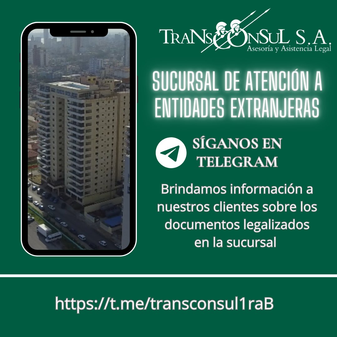 📱 Nuestra Sucursal de Atención a Entidades Extranjeras cuenta con un grupo en Telegram para actualizar a los clientes sobre la entrega de documentos legalizados.

👉 Aquí puede encontrar el enlace por si quiere formar parte de nuestro grupo t.me/transconsul1raB