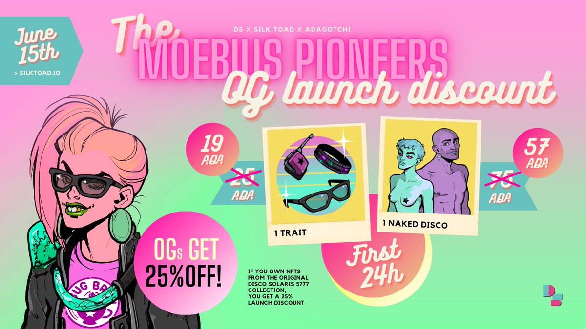 Launch discount for OG Discos!

Ready for the Moebius Pioneers mint? 

Get your naked Discos and traits today at the OG-only special 25% launch discount!

The Moebius Pioneers mint starts TODAY at 5 PM UTC!

Retweet for a chance to win a Bluelist (WL). Well pick two winners!