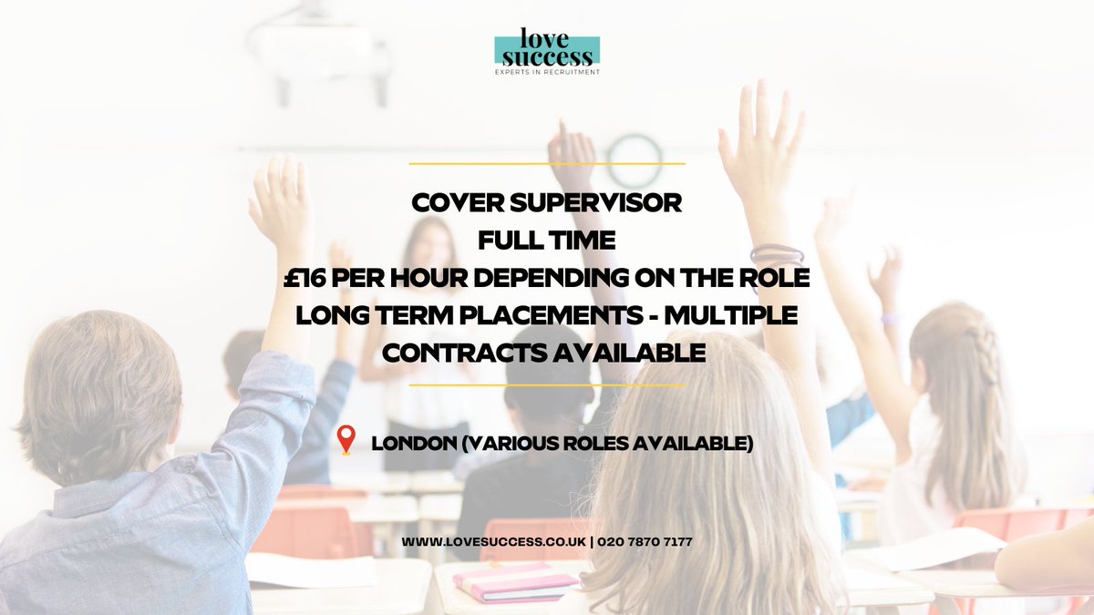 Love Success is working with a number of secondary schools across London and are looking for a number of support staff including cover supervisors.

👉 bit.ly/43W9UaV 

#TempJobs #TemporaryJobs #TempJobsLondon #LondonTempJobs #Londonjobs #londonjobsnow