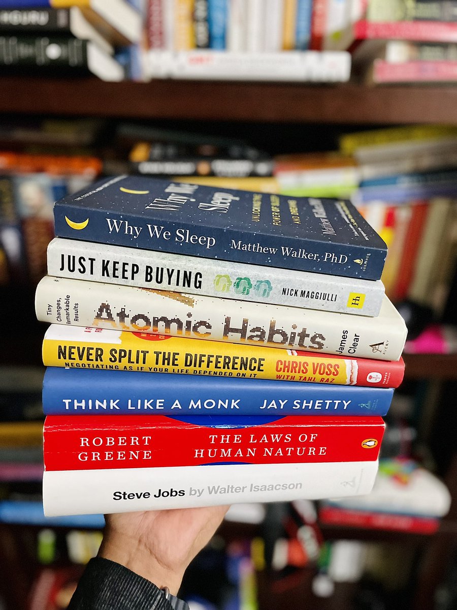 Stop wasting your time searching for the perfect book, start with these 📚

Sleep-Why We Sleep
Finance-Just Keep Buying
Habits-Atomic Habits
Communication-Never Split the Difference
Meditation-Think Like a Monk
Psychology-The Laws of Human Nature
Biography-Steve Jobs