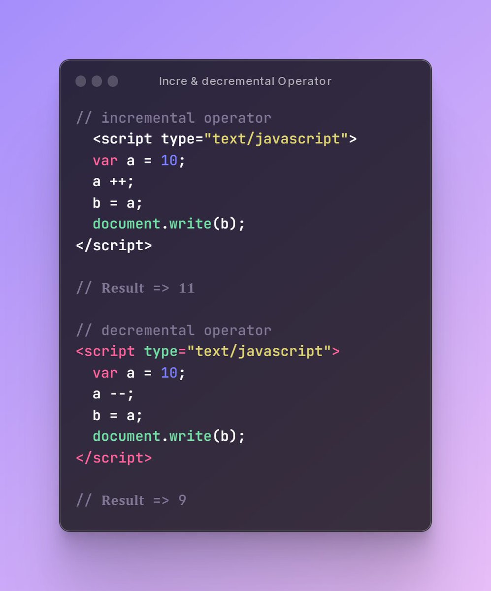 Day 2/100 | #100DaysOfCode

➡️ Learned the #Incremental & #decremental  #operator
➡️ Using the operator (--) & (++)
➡️ Practice for this operator

#100Devs #learncode #webdev #frontend #javascript