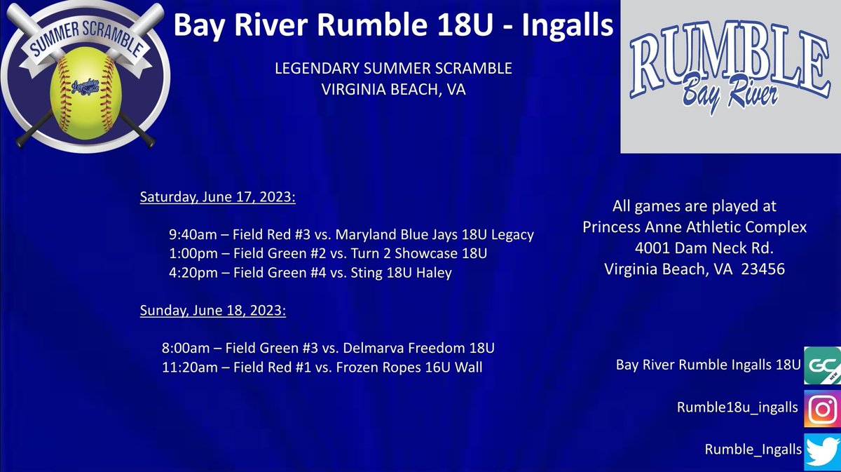 Check out Rumble 18U Ingalls at the beach this weekend!! #rumble18Uingalls #legendarysoftball #summerscramble #showcase #vabeach