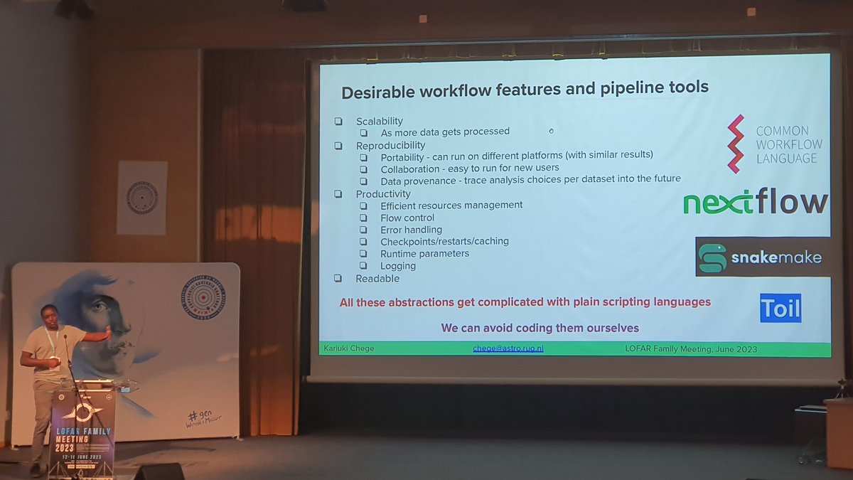 Continuing the EoR session at #lfm23 is Kariuki Chege from Groeningen, talking about his front-row pipeline development work, NextLEAP... excellent principles and goals, delivering superb improvements on the path to the massive science challenge of EoR.