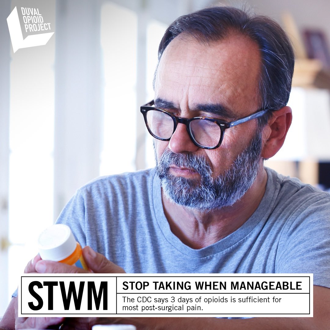 Using prescription opioids longer than 3 days to manage strong, short-term pain is rarely needed. The more days using, the greater the risk of addiction.

Visit DuvalOpioidProject.org to learn more.

#TalkAboutIt #BeAboutIt #DuvalOpioidProject #OpioidEpidemic