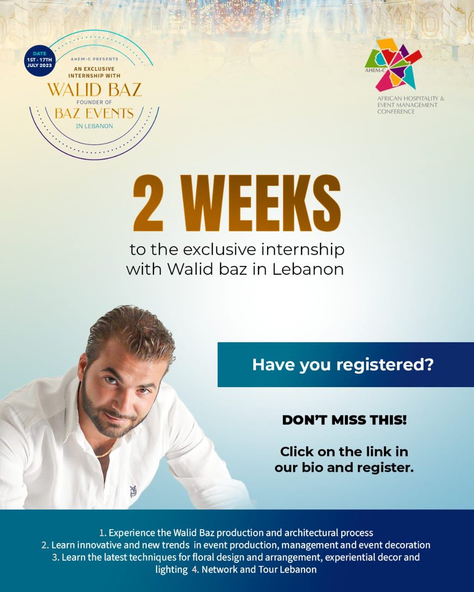 ahemconf's tweet photo. It's two weeks to the exclusive internship with Walid baz. Registration is still on, if you have not secured a slot with us, HURRY NOW and register as there is a limited slot!

#eventmamagement #chefdammy #walidbazexperience #ahemc INEC Chairman #PEPT Obi cubana https://t.co/mYIGmrs9YT