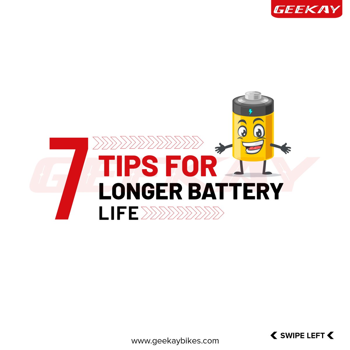 GeekayBikes's tweet photo. Discover these 8 tips to extend the battery life of your E-bike and enjoy longer adventures on two wheels! 🚲
.
.
.
#EbikeTips #BatteryLifeHacks #Battery #batteries #battery #BatteryLife #batterylife #batterylifespan #batterylifematters #batterylifeextension #7tips #extend https://t.co/qRSWl9M4VI