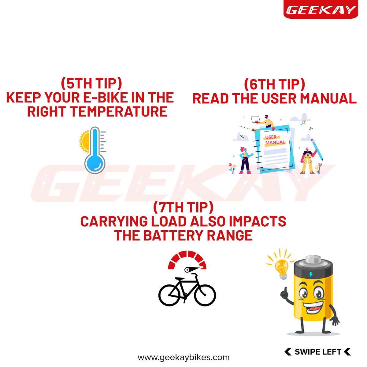 GeekayBikes's tweet photo. Discover these 8 tips to extend the battery life of your E-bike and enjoy longer adventures on two wheels! 🚲
.
.
.
#EbikeTips #BatteryLifeHacks #Battery #batteries #battery #BatteryLife #batterylife #batterylifespan #batterylifematters #batterylifeextension #7tips #extend https://t.co/qRSWl9M4VI