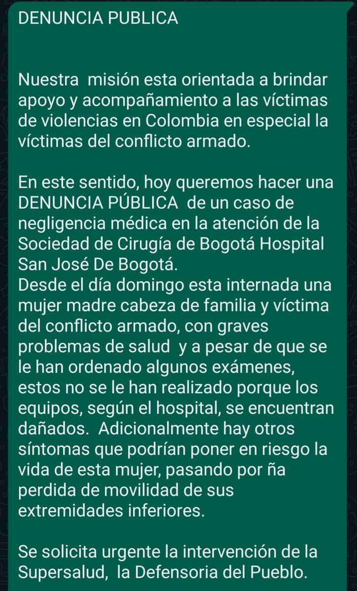 fcnhorizontes's tweet photo. #DenunciaPublica es urgente la intervención de @Supersalud @DefensoriaCol  ante la falta de acciones eficientes y oportunas del @HSJ_Bogota  @NoticiasCaracol @NoticiasUno @NoticiasRCN 
Las víctimas de la violencia y en especial las mujeres son acreedoras de especial protección https://t.co/BgLTelAW5a