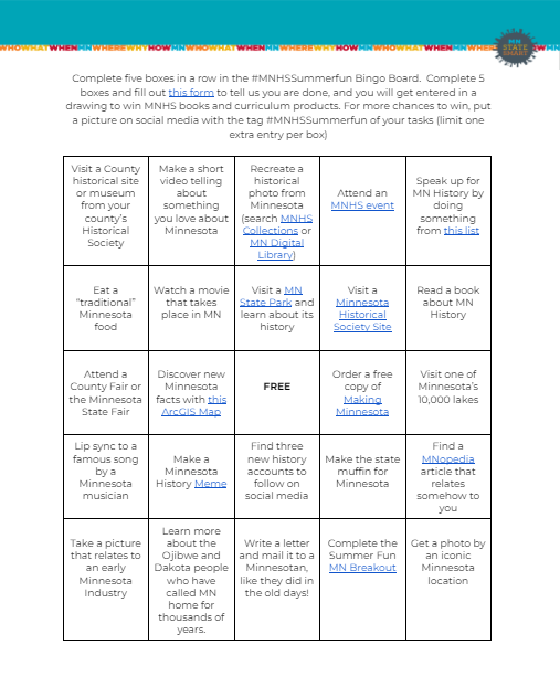 HistoryEdMNHS's tweet photo. Who's ready for #BingoThursday? Teachers, complete our version of this Bingo board to be entered into a drawing to win MNHS books and curriculum products! See the complete board here: https://t.co/bAaBUnkc4c #MNHSsummerfun https://t.co/tCLFLDP937