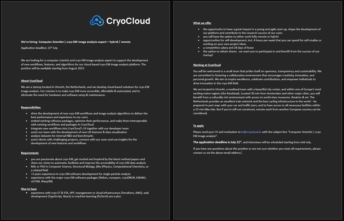 We are #hiring !

We are looking for a talented Computer Scientist to support the development of new #cryoEM workflows on our #cloud platform.

Please reach out via PM if you are interested or have any questions, and feel free to share!

link: linkedin.com/jobs/view/3637…