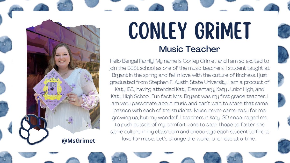 Welcome to the Bengal Family, Ms. Grimet, <a href="/MsGrimet/">Conley Grimet</a>! We can't wait to hear the sweet sounds of music flowing from your classroom. #bengalpride
