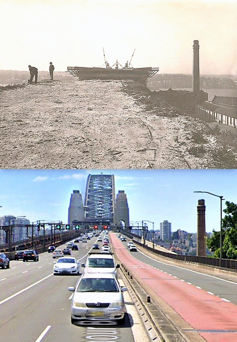 sydthenandnow's tweet photo. c1927~2023
I think this is the remnant of Princes St waiting to be leveled for the Bradfield Hwy to run over it as the Harbour Bridge creeps forward from the north. The photo aspect is from a lower gradient giving the appearance of being much closer.

@phmuseum>Google Street View https://t.co/R2Ymf0W1Ru