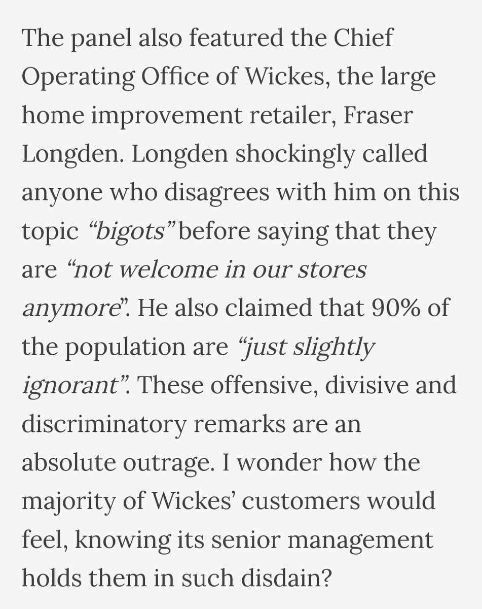 keybehaviours's tweet image. Hi @Wickes. Does the attached statement Fraser Longden fairly represent your position as a company? Are people who believe there are only two sexes and no such thing as gender identities no longer welcome in your stores? Do you think these people are bigots?