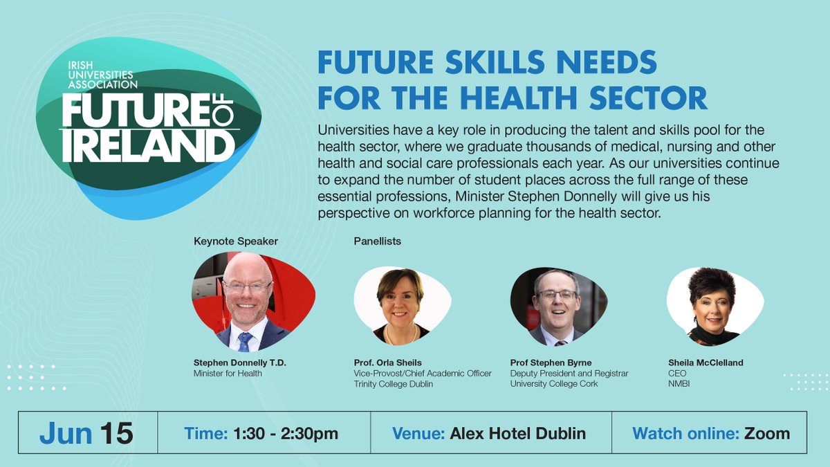 Our CEO Sheila McClelland is taking part in a #IUAFutureOfIreland panel discussion on Future skills needs for the health sector with Minister @DonnellyStephen, Prof Orla Shiels @tcddublin and Prof Stephen Byrne @UCC this afternoon.
 
@IUAofficial