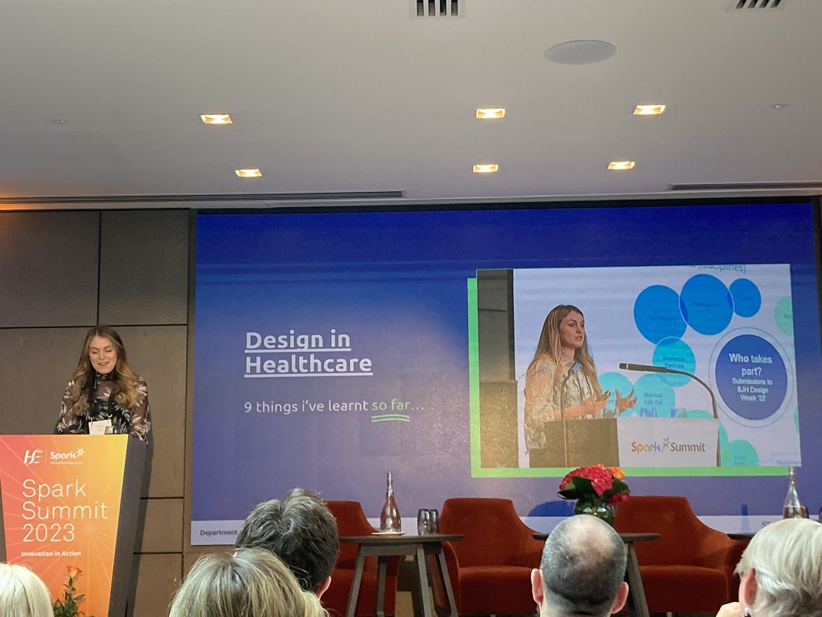 Maire Kane , Designer in Residence @stjamesdublin providing an insight into the practical steps when implementing Design in Health Care . Maire has been instrumental in the ICUed project which all started with a Spark Seed! #SparkSummit23 #designthinking #collaboration