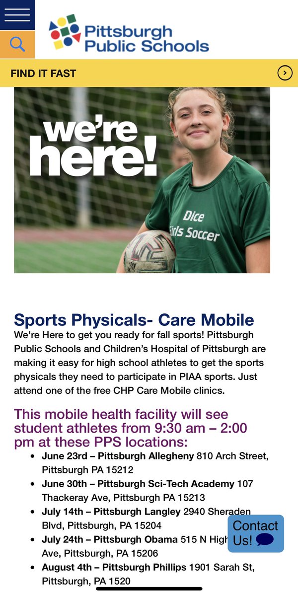 All athletes must have a physical to participate in fall sports. Bring your paperwork to one of these sites and get it for no cost. @PGHCityLeague @PPSnews @DiceSports @BrashearHS @PghCarrickHS @PghPerryHS @USOSports @BulldogsPGH pghschools.org/sportphysicals