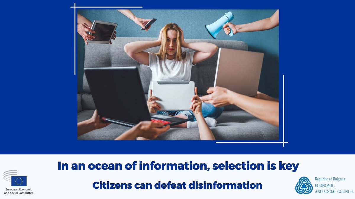 ✊🏼#EUCivilSociety can defeat disinformation!

🗝️Today's media overload can leave us drowning in a sea of information: mindful consumption of news outlets is key!

Learn more about disinformation 👉🏼eesc.europa.eu/disinfo

#НеСеЗаблуждавайте    #BGvsDisinfo