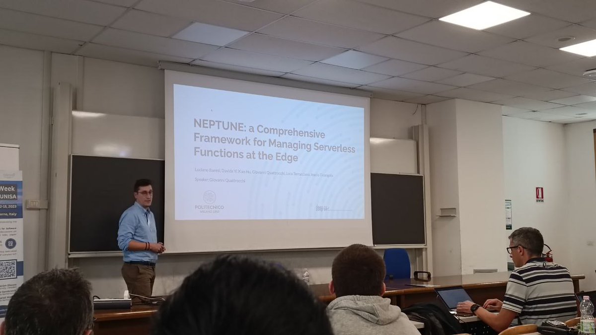SeSa Lab (@sesa_lab) on Twitter photo Giovanni Quattrocchi (<a href="/gioenn/">giovanni quattrocchi</a>) is the first speaker of the Emeliot Workshop and explains Neptune, a serverless-based solution for managing latency-sensitive applications deployed on geo-distributed large-scale edge topologies.๐ Giovanni Quattrocchi (<a href="/gioenn/">giovanni quattrocchi</a>) is the first speaker of the Emeliot Workshop and explains Neptune, a serverless-based solution for managing latency-sensitive applications deployed on geo-distributed large-scale edge topologies.๐
