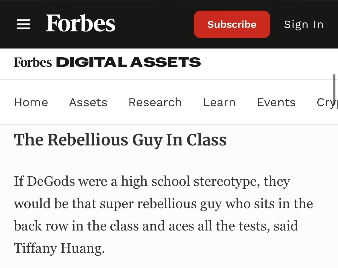 "If DeGods were a high school stereotype, they would be that super rebellious guy who sits in the back row in the class and aces all the tests.” -Tiffany Huang (Forbes)