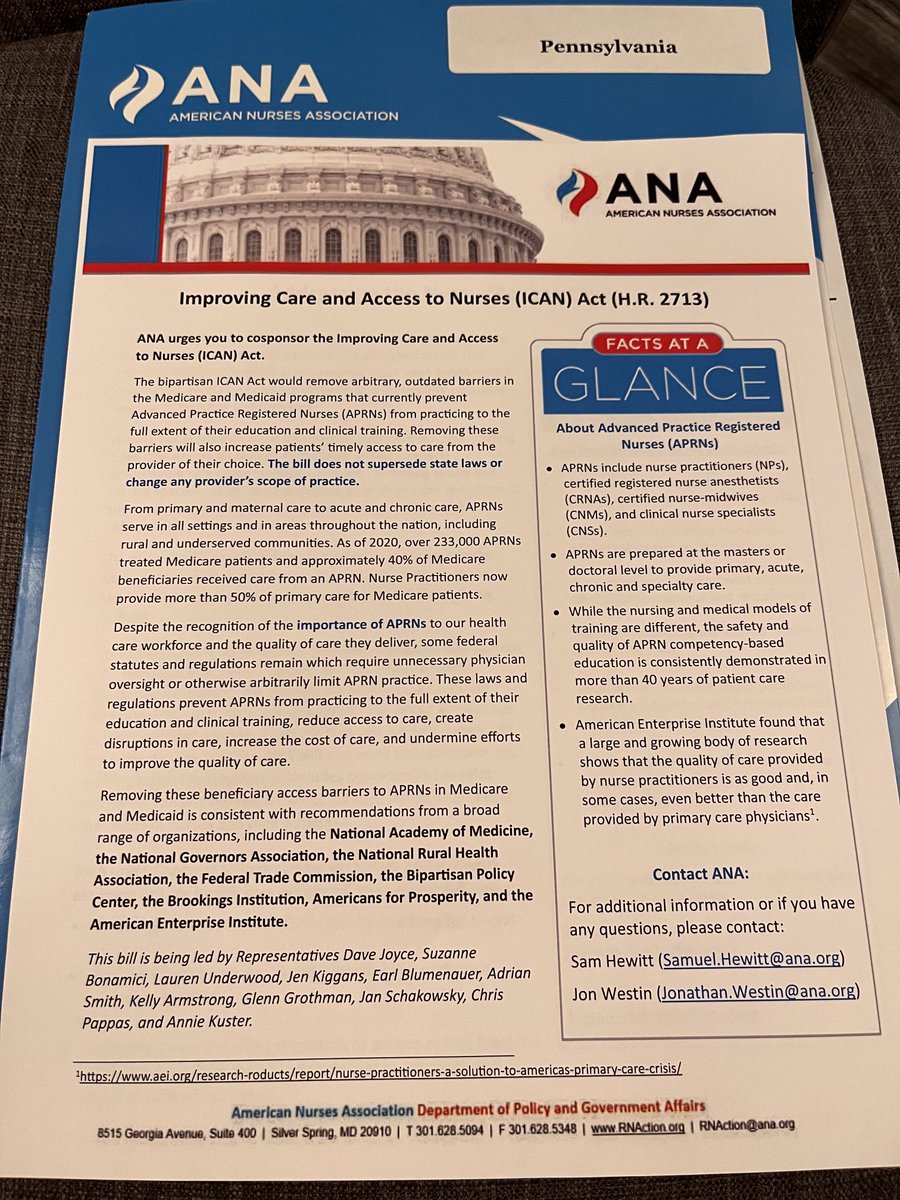 ⁦@ANACnurses⁩ #nursetwitter ⁦@RNAction⁩ #ANAHillDay While #APRN practice authority is defined at the state level but this federal bill #ICAN #HR2713 can influence state level decisions.