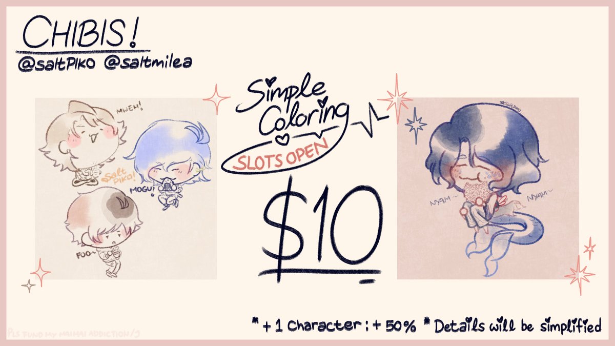 I'm opening slots for experimental chibi commissions!!! 

I accept payment via paypal, kofi, and buymeacoffee!
You can go to visit my carrd for my ToS and more information!

carrd — saltmilea.carrd.co/#comms
ko-fi — ko-fi.com/saltmilea/comm…