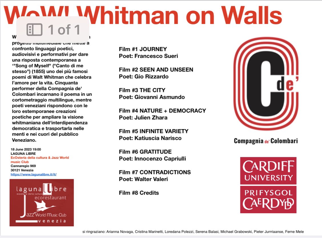 CriMarinetti's tweet photo. Looking forward to this brilliant event on Sunday. #multimodality #poetry and #translation brought together to re-imagine Whitman s “A Song of Myself” for contemporary #Venice and its #citizens. @cardiffmlang https://t.co/9caEsOLktv