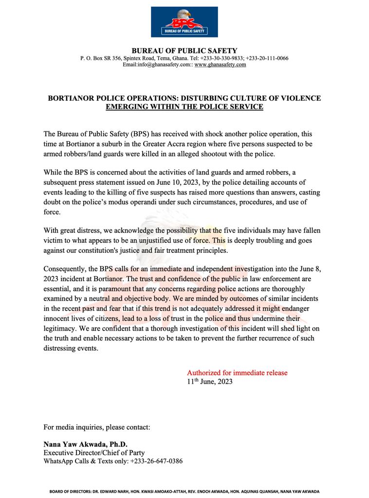 BPSGhana's tweet photo. Press release on the Bortianor Police Operation

The Bureau upon receiving news of this incident are calling for further investigations into the matter to enhance public trust in law enforcement.
#BPSWatch https://t.co/C8hBir6gYT