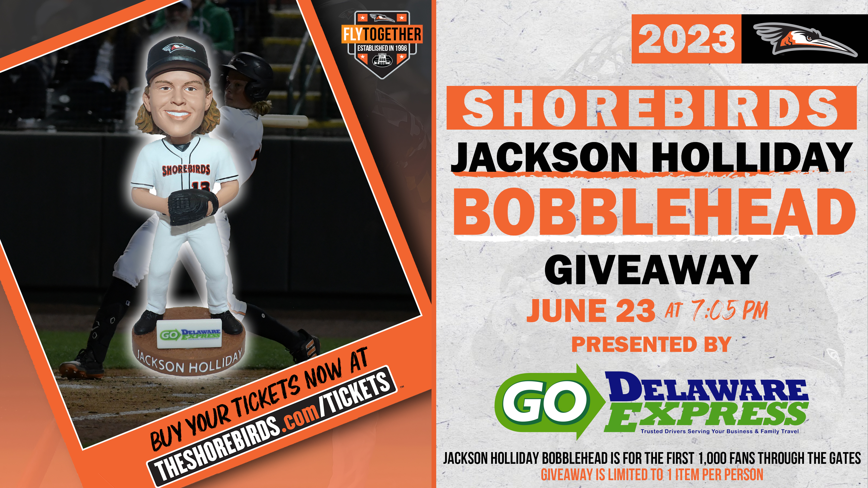 Delmarva Shorebirds on X: Friday, June 23, the Delmarva Shorebirds will be  giving away Jackson Holliday Bobbleheads to the first 1,000 fans through  the gates presented by @GoDelExpress Save time, buy YOUR