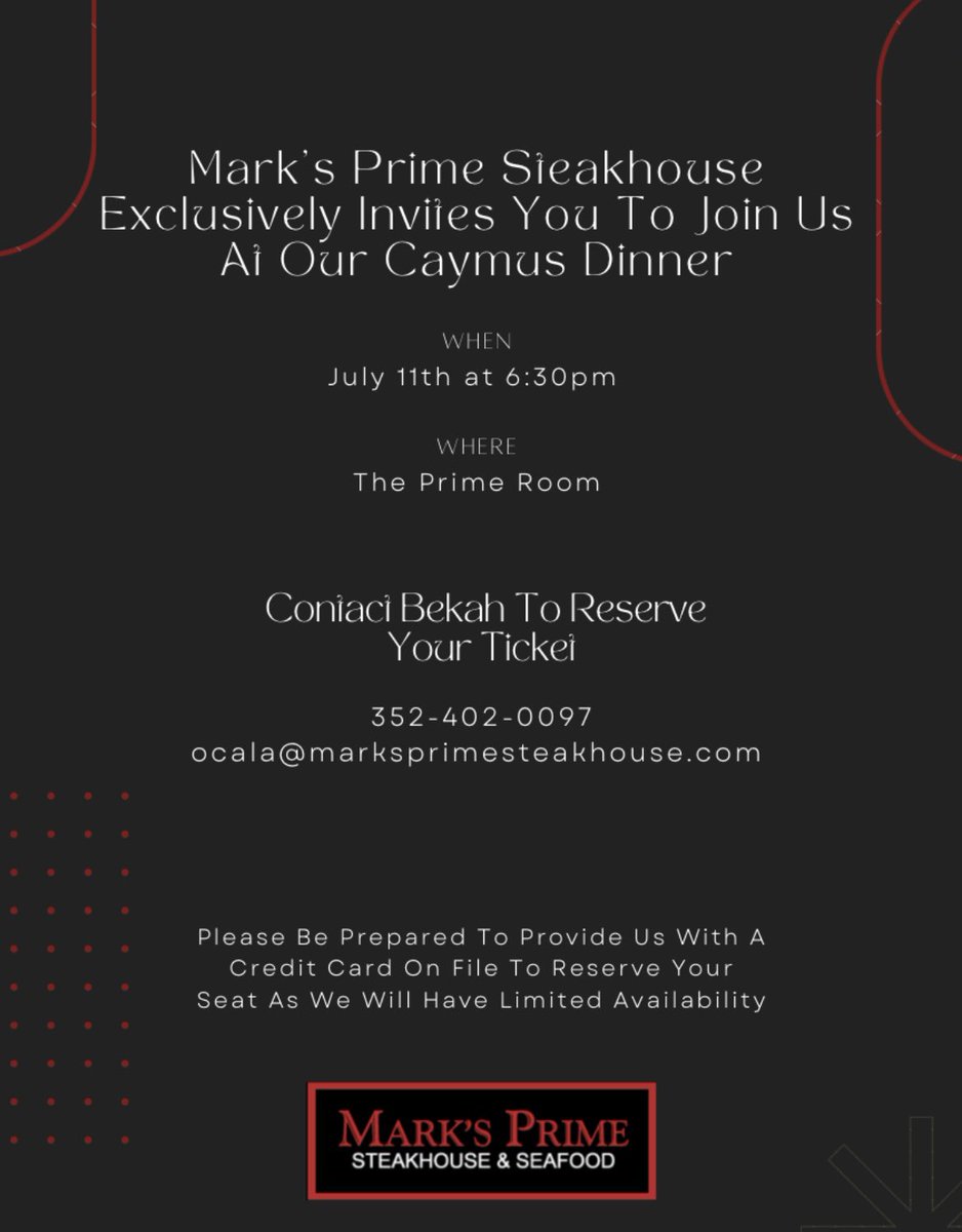 Enjoy a 4-course Caymus Wine Dinner at Mark’s Prime Steakhouse Ocala. Tuesday, July 11th from 6:30 PM. Contact Bekah at 352.402.0097 for tickets and more information.
#foodevent #ocala #florida