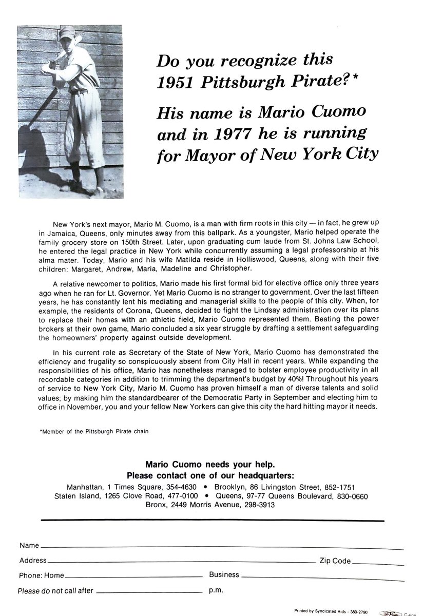 BennettLiebman's tweet photo. On what would have been Mario Cuomo's 91st birthday,  here's a baseball-themed ad from his 1977 mayoral campaign. https://t.co/IPV4PcWdAG