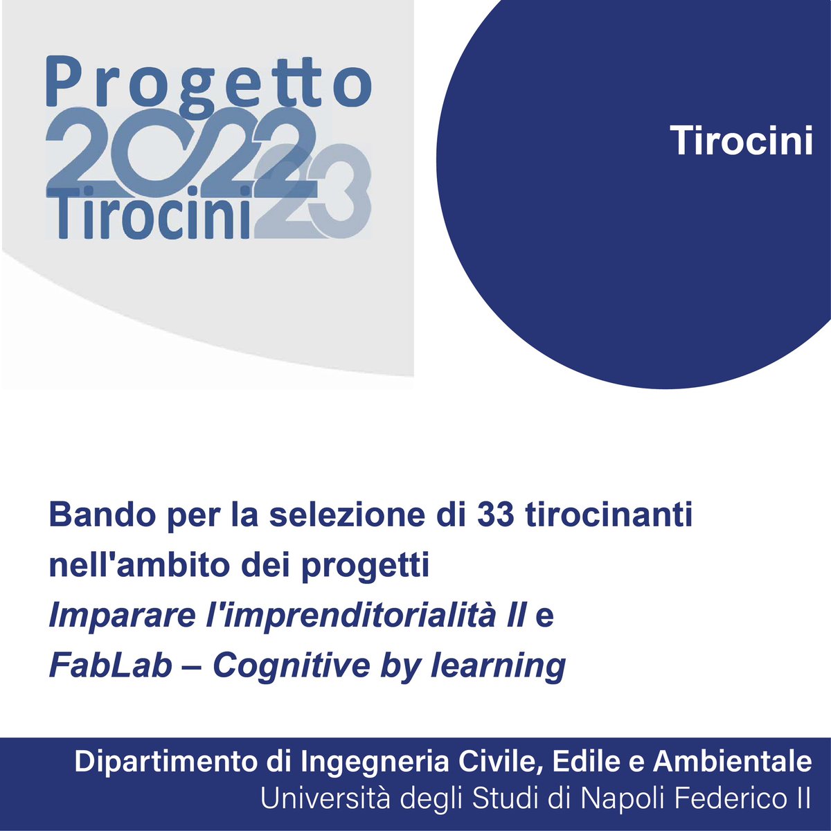 Progetto Tirocini 2022/23 – Bando per la selezione di 33 tirocinanti nell’ambito dei progetti “Imparare l’imprenditorialità II” e “FabLab – Cognitive by learning” dicea.unina.it/6527-2/