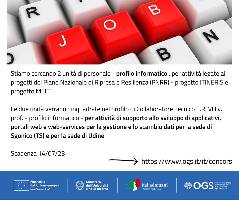 OGS_IT's tweet image. #jobalert  2 posizioni - profilo #informatico, per attività di supporto allo sviluppo di applicativi, portali #web e web-services per la gestione e lo scambio dati per la sede di Sgonico (TS) e per la sede di Udine-  Scadenza 14/07/23 - Bando completo: lnkd.in/dftmQH9w
